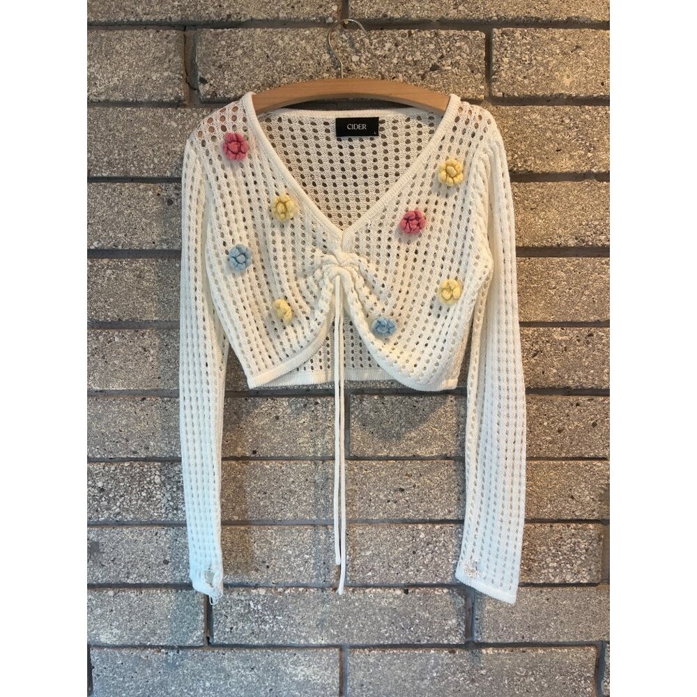 Cider Cropped Knit Cardigan With Floral Appliques Long Sleeves & Drawstring Deta